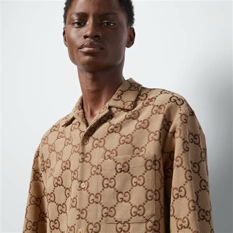 Maxi GG canvas shirt in camel and brown .